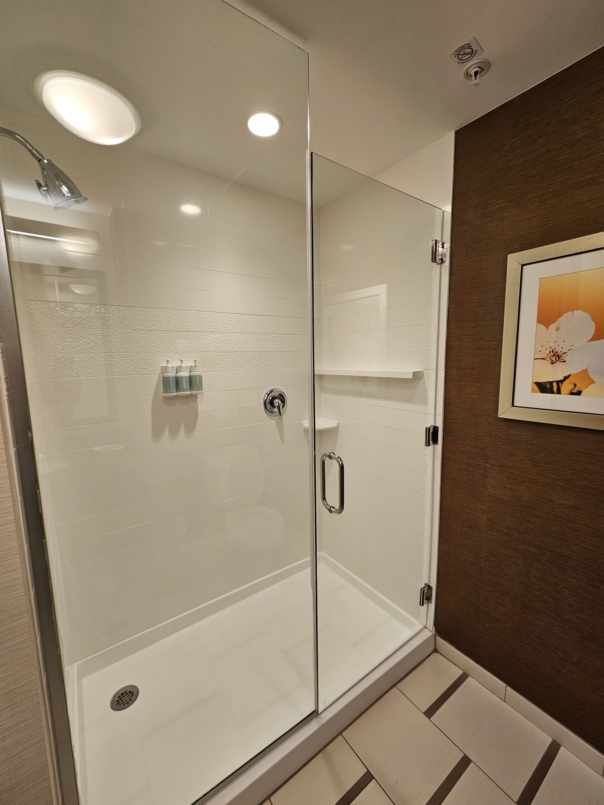 Glass shower stall with white tiles, chrome fixtures, and beach hotel art on a brown wall.