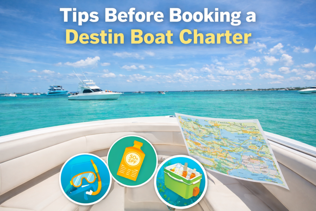Graphic showing tips before booking a Destin boat charter with pontoon boat view, map, sunscreen, snorkel gear, and cooler icons near Crab Island.