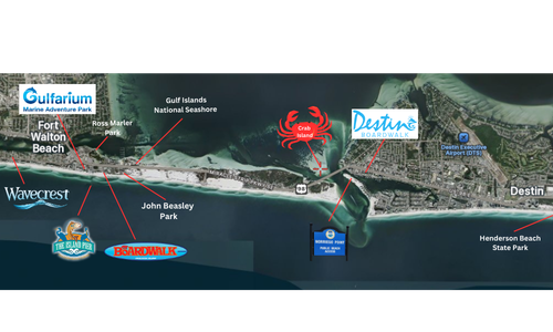 Map of Okaloosa Island showing Wavecrest Lodge location, Crab Island, Destin Harbor, Okaloosa Island Boardwalk, Gulfarium Marine Adventure Park, and nearby attractions in Fort Walton Beach, Florida.