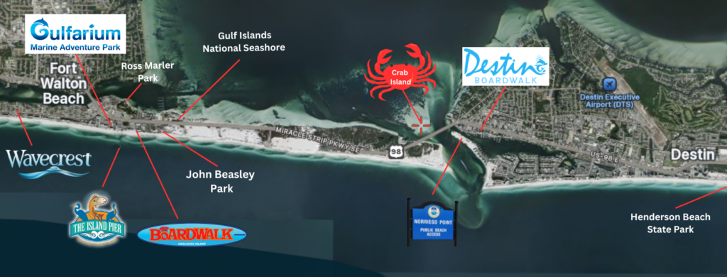 Map of Okaloosa Island showing Wavecrest Lodge location, Crab Island, Destin Harbor, Okaloosa Island Boardwalk, Gulfarium Marine Adventure Park, and nearby attractions in Fort Walton Beach, Florida.