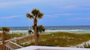 View of Okaloosa Island beach with sea oats, palm trees, and Gulf waves along the Emerald Coast near Destin, Florida.