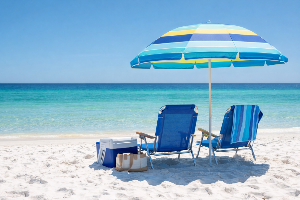 Beach chairs, umbrella, cooler, and beach bag set up on white sand beach along the Gulf of America near Okaloosa Island and Destin Florida