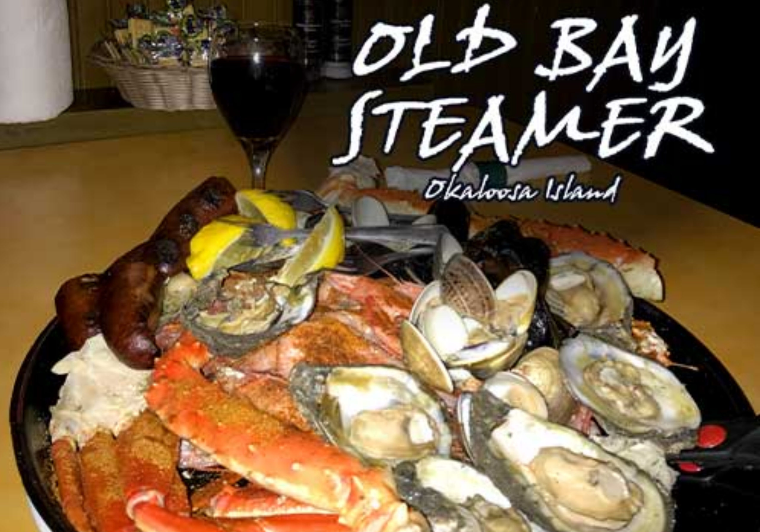 Seafood boil with crab legs, shrimp, and corn at Old Bay Steamer on Okaloosa Island