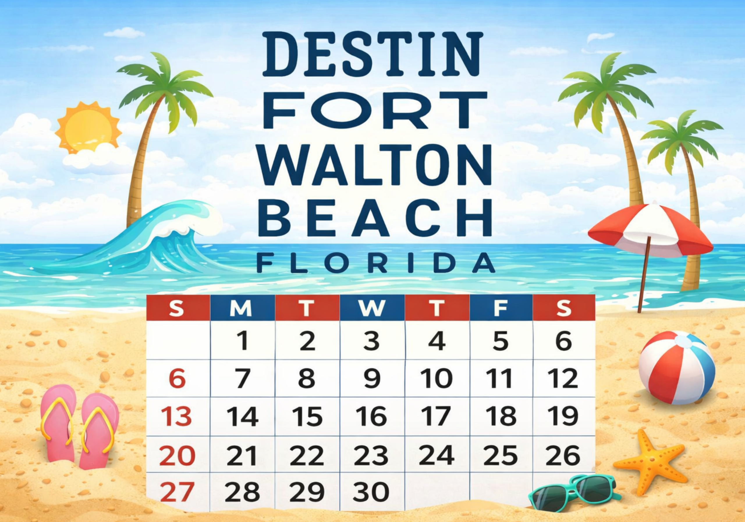 Event calendar for Destin and Fort Walton Beach with beach theme