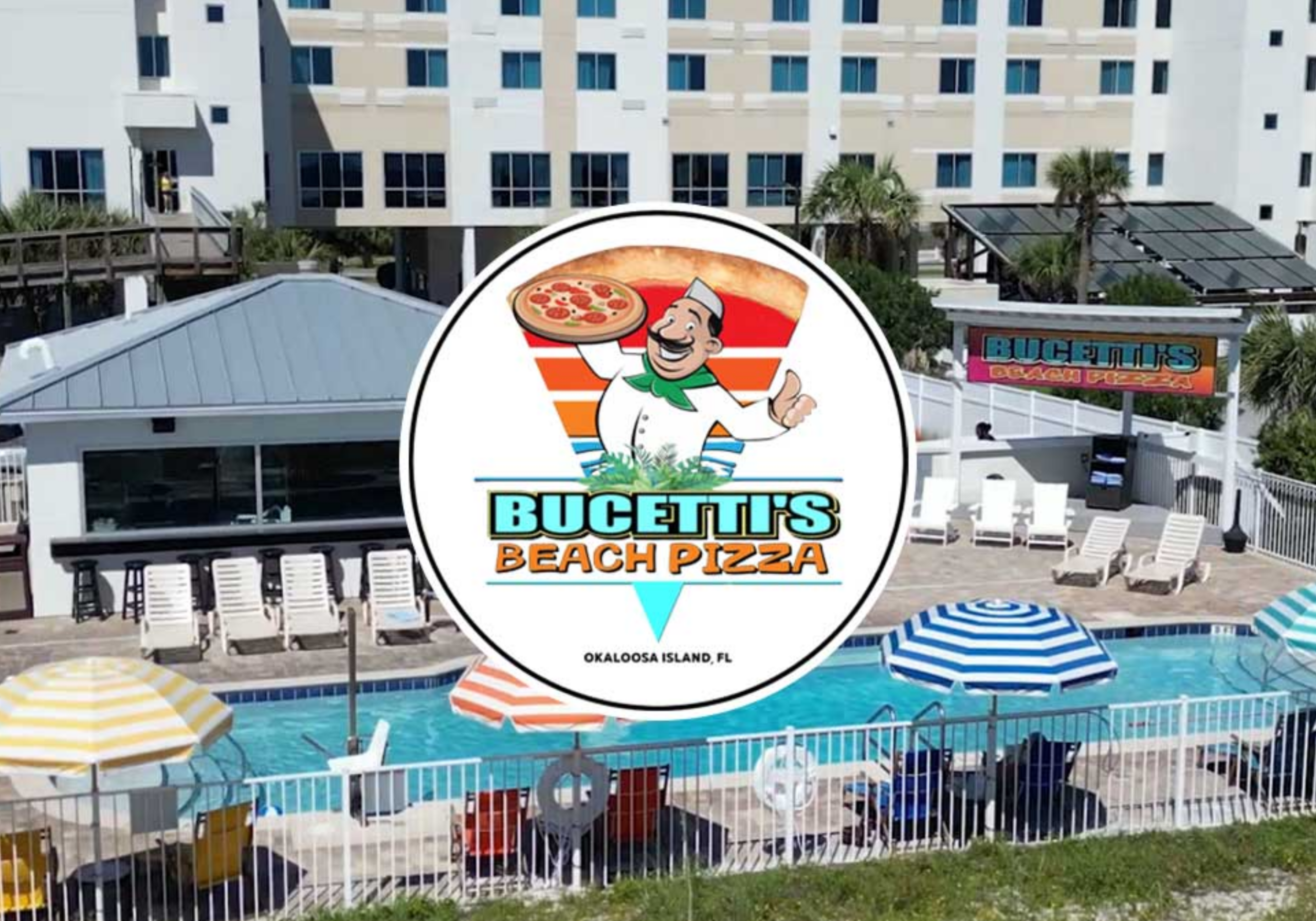 Bucetti’s Beach Pizza in Fort Walton Beach with outdoor seating and pizza