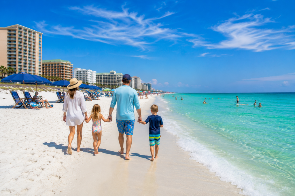 Family-friendly summer beach on Okaloosa Island with white sand beaches, emerald water, and beachfront hotels along the Emerald Coast