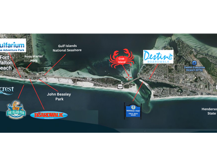 Map of Okaloosa Island showing Wavecrest Lodge location, Crab Island, Destin Harbor, Okaloosa Island Boardwalk, Gulfarium Marine Adventure Park, and nearby attractions in Fort Walton Beach, Florida.